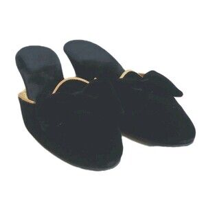 Vintage Daniel Green Black Velvet Gold Edge Boudoir Slippers W/Bow Size 6